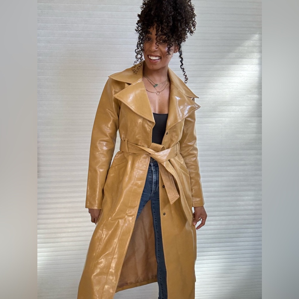 Jennyfer J Vintage Faux Leather Caramel Color  Trench Coat